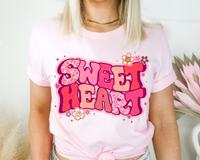 Sweet Heart (retro 70's vibe, bubble lettering pinks, leopard pints, bubble flowers) 1765 DTF TRANSFER