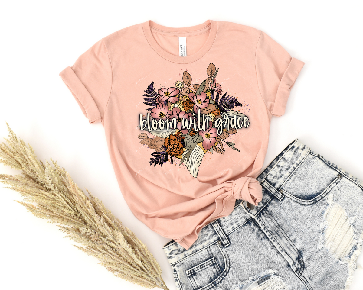 Bloom with grace (boho floral, handwriting lettering) 1204 DTF TRANSFER