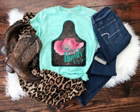 Howdy (cow tag with pink cowgirl hat, turquoise lettering, brown leather texture, turquoise outline) 1294 DTF TRANSFER