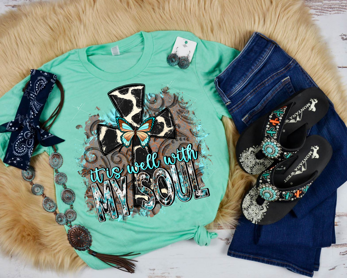 It Is Well With My Soul 017 (western cross, block letters and handwriting, filigree background) 111959 DTF Transfer