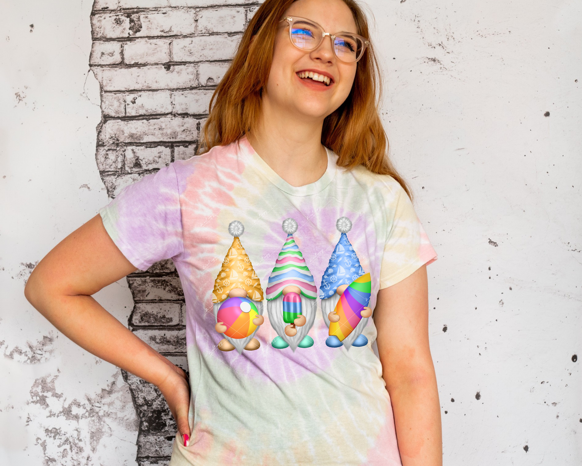 Summer Beach Gnome Trio, beach ball, popsicle, surfboard, bright rainbow colors 1337 DTF TRANSFER