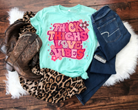 Thick thighs love vibes (retro 70's vibe, bubble lettering pinks, leopard pints, bubble flowers) 1766 DTF TRANSFER