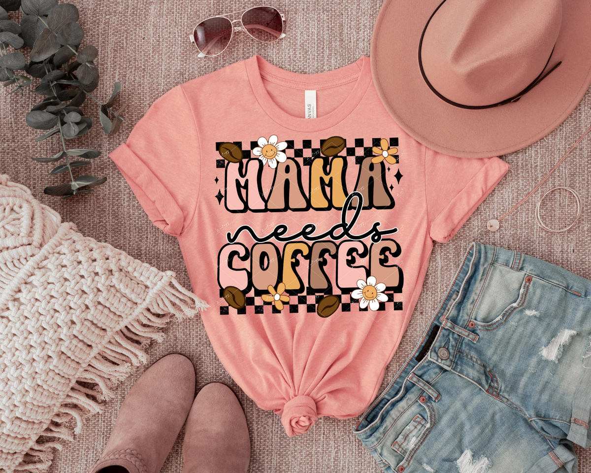 Mama Needs Coffee (70's vibe, earth tone colors, coffee beans, daisies, black checkers) 68415 DTF TRANSFER