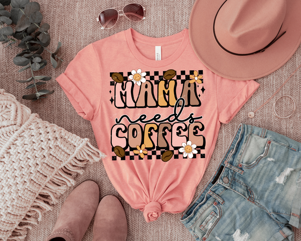 Mama Needs Coffee (70's vibe, earth tone colors, coffee beans, daisies, black checkers) DTF TRANSFER