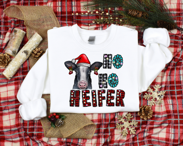 Ho Ho Heifer (grey heifer with Santa hat and stockings, red, black plaid with turquoise pendant and Christmas lights) 1520 DTF TRANSFER