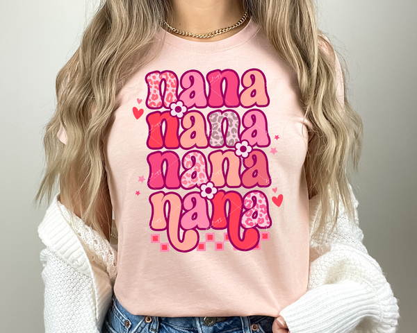 Nana Nana Nana Nana (retro 70's vibe, bubble lettering pinks, leopard pints, hearts, checker and stars) 1767 DTF TRANSFER