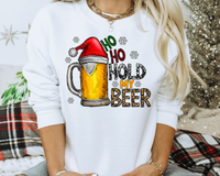 Ho Ho Hold My Beer (beer mug with Santa hat, snowflakes, lettering filled with cowhide, leopard print, green/black and red/black plaid) 1521 DTF TRANSFER