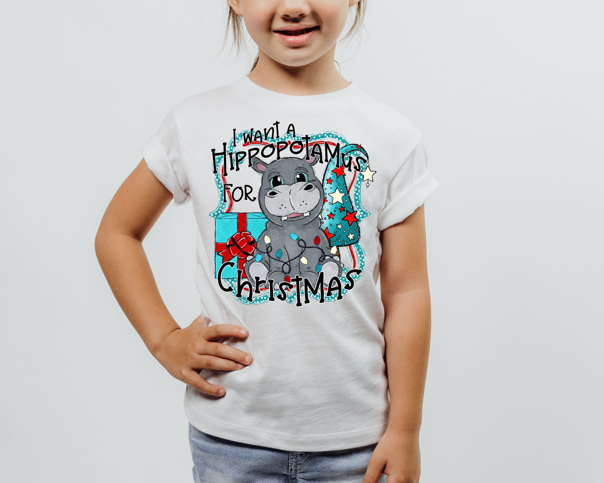 I Want A Hippopotamus For Christmas Blue Red (Black Font) 8646 DTF TRANSFER