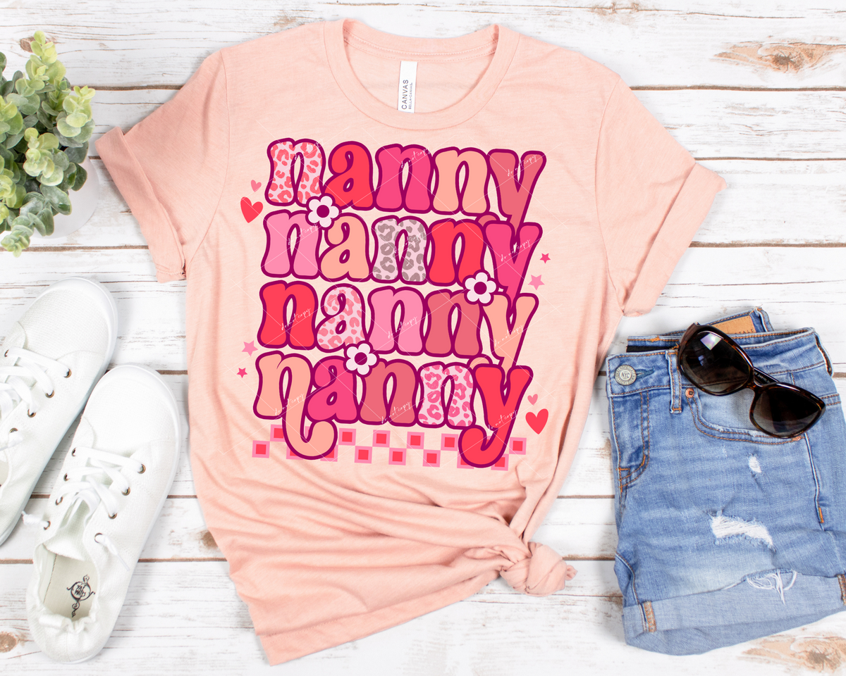 Nanny Stacked Checkered Dark Pinks (retro 70's vibe, bubble lettering pinks, leopard pints, hearts, checker and stars) 1768 DTF TRANSFER