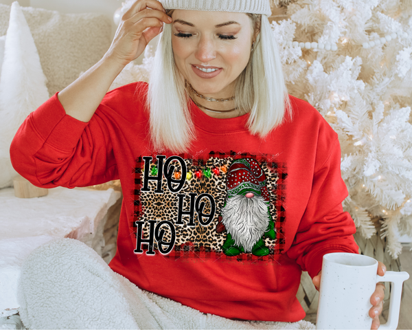 Ho Ho Ho (gnome with winter hat, snowflakes, leopard print, Christmas lights, red buffalo print) 1522 DTF TRANSFER
