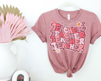 Teacher Teacher Teacher Teacher (retro 70's vibe, bubble lettering pinks, smiley flowers, hearts) 1769 DTF TRANSFER