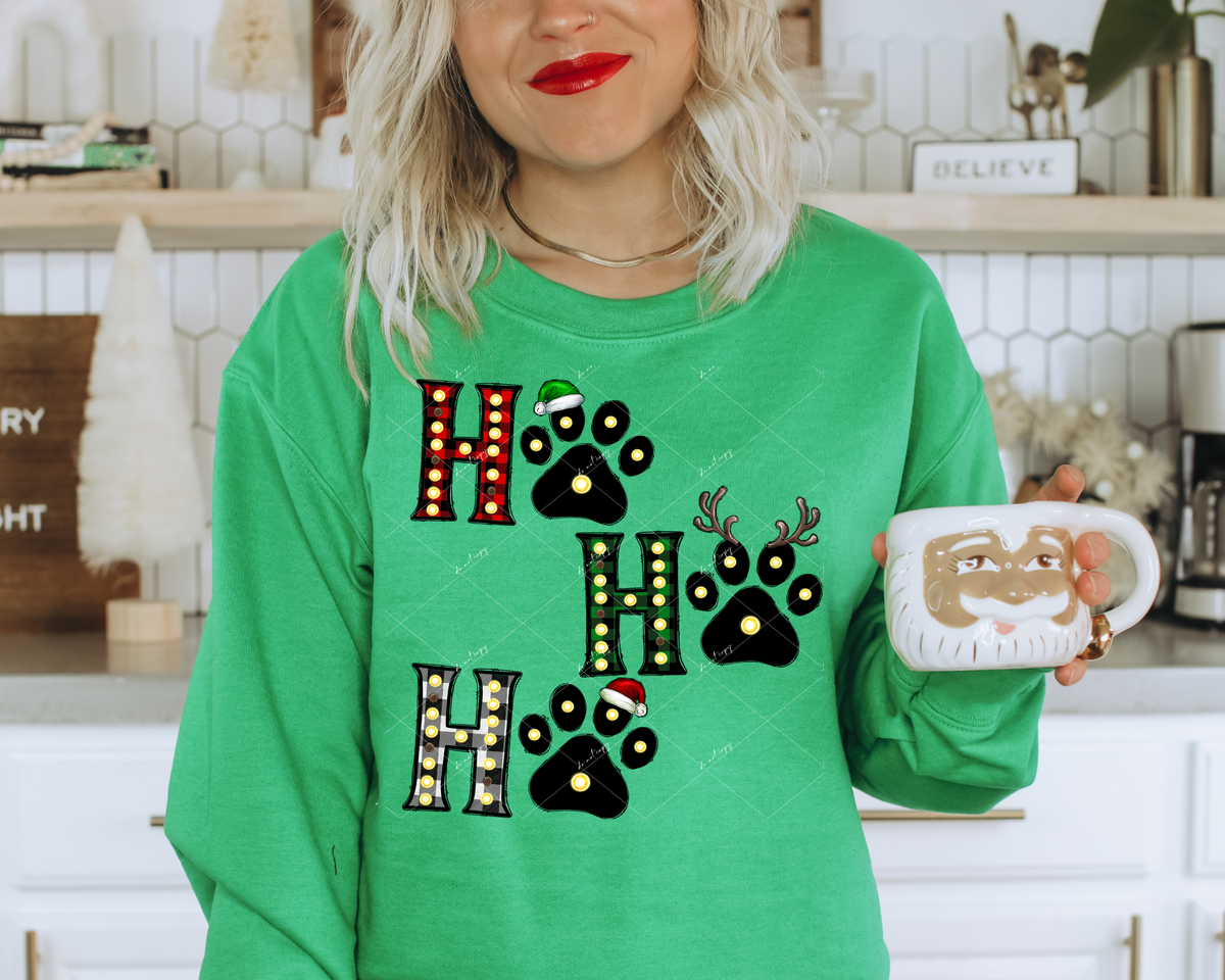 Ho Ho Ho (paw prints, Santa hats and antlers, red, green, black buffalo prints, light bulbs) 1523 DTF TRANSFER