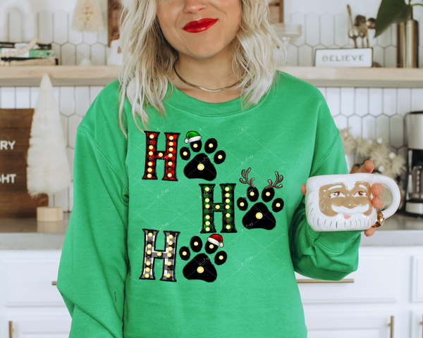 Ho Ho Ho (paw prints, Santa hats and antlers, red, green, black buffalo prints, light bulbs) 1523 DTF TRANSFER