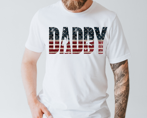 Daddy (distressed flag block letters, military person and gun silhouette) 1886 DTF TRANSFER