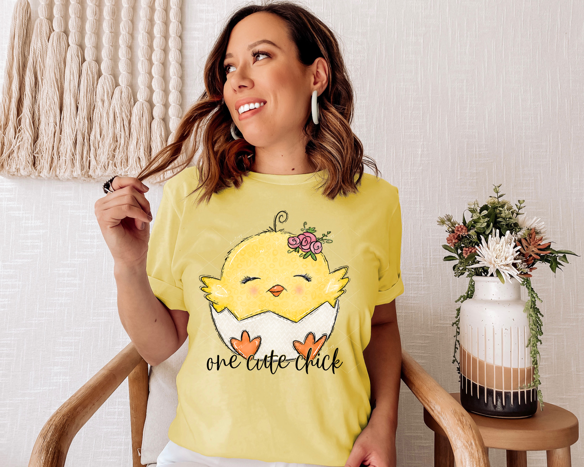 One cute chick (baby chick in shell, pink rosettes) 1777 DTF TRANSFER