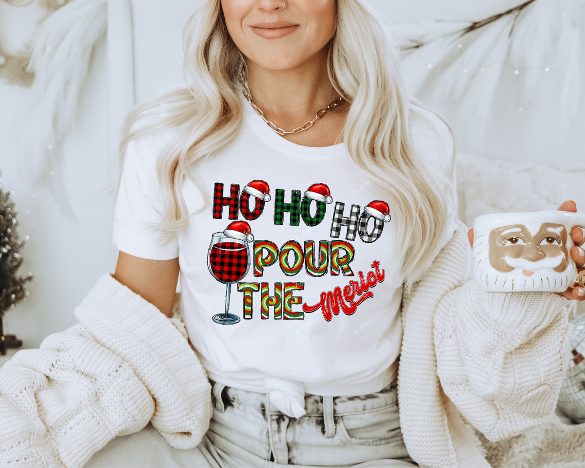 Ho Ho Ho Pour The Merlot (wine glass with Santa hat red, green, black buffalo prints, psychedelic bright swirl lettering fill) 1527 DTF TRANSFER
