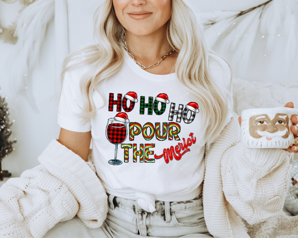 Ho Ho Ho Pour The Merlot (wine glass with Santa hat red, green, black buffalo prints, psychedelic bright swirl lettering fill) 1527 DTF TRANSFER