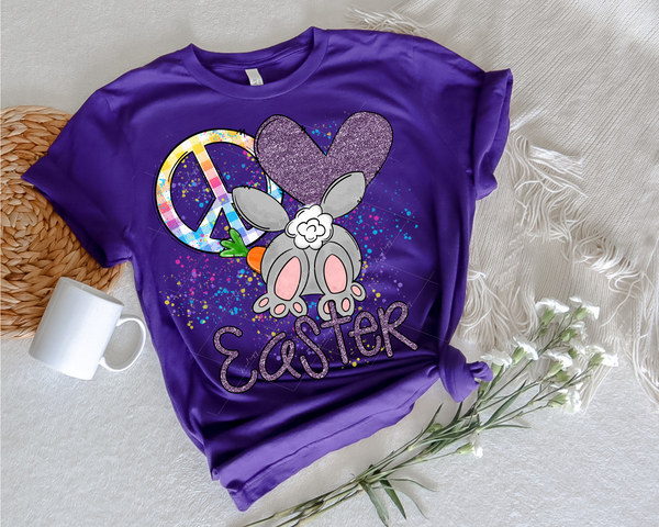 Peace love Easter (purple glitter, heart, bunny butt, peace sign, carrot, bright paint splatter) 1782 DTF TRANSFER