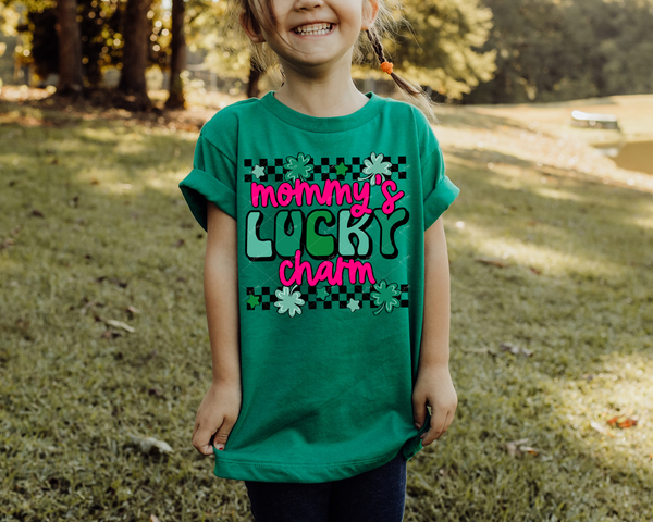 Mommy's Lucky Charm (black checkers, green clovers and 70's vibe lettering, bright pink lettering) DTF TRANSFER