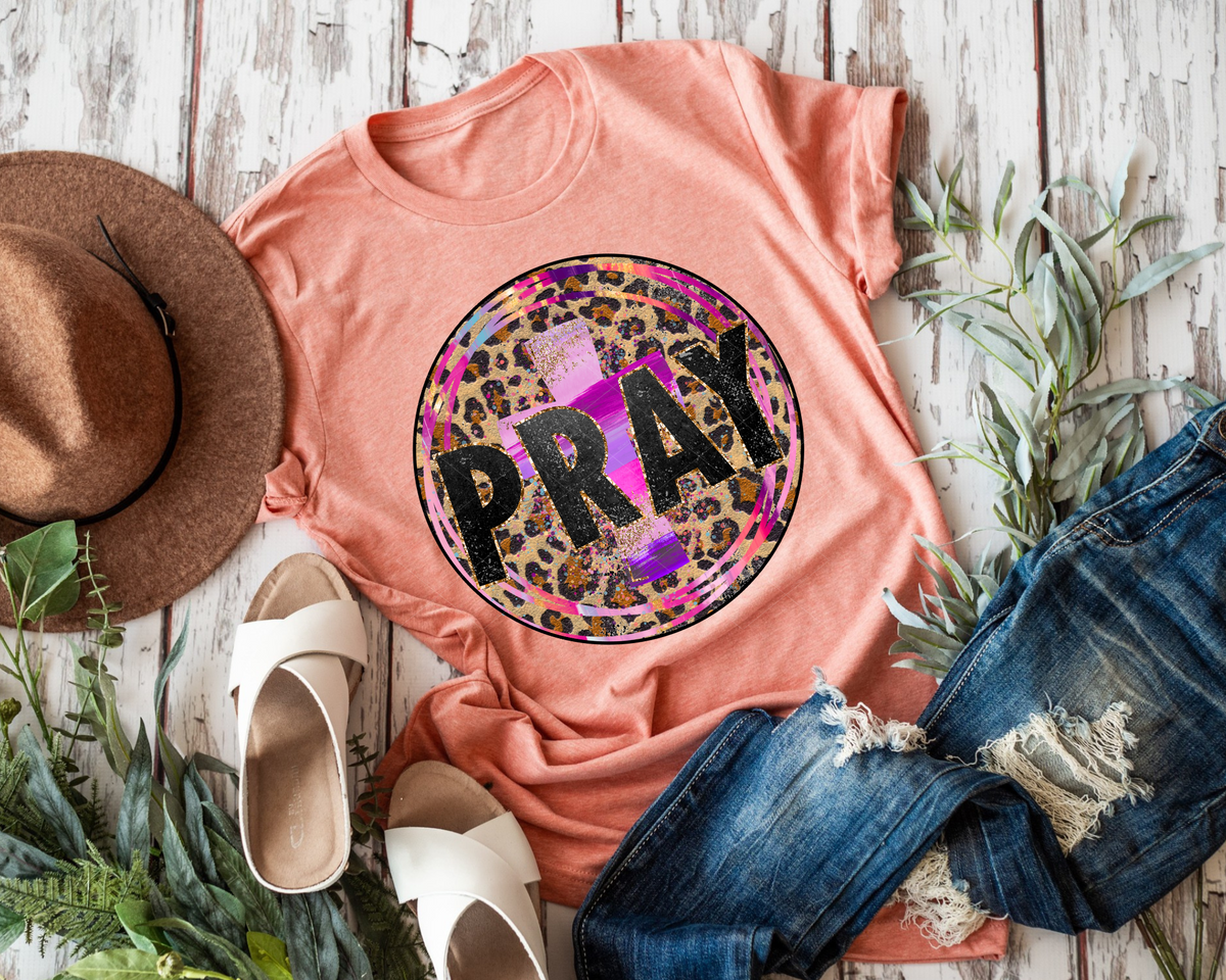 Pray Purple Pink Cross Leopard Circle (Black Font) 112709 DTF TRANSFER
