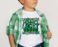 Mommy's Lucky Charm (black checkers, green clovers and 70's vibe lettering) DTF TRANSFER