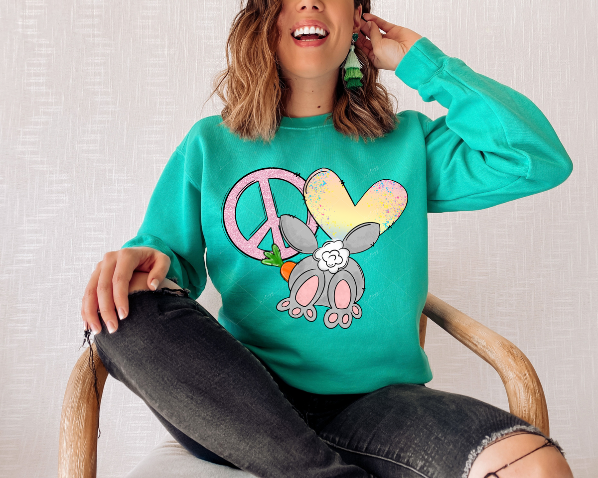 Peace love Bunny , yellow heart, pink glitter peace sign, carrot, pastel colors) 1781 DTF TRANSFER