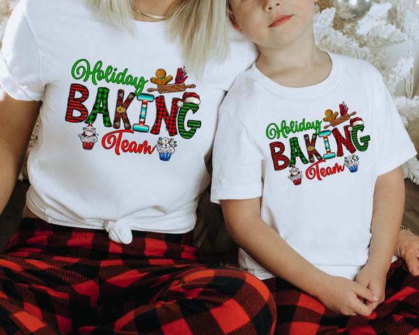 Holiday Baking Team ( Santa hat, cupcakes, gingerbread men, rolling pin, letter filled with red, green, black buffalo prints, western designs) 1529 DTF TRANSFER