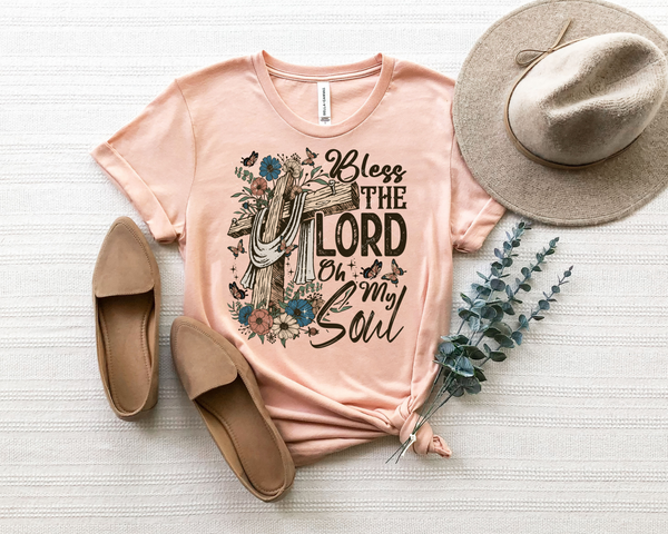 Bless The Lord Oh My Soul (wooden cross, floral, butterflies, turquoise and earth tones) 1236 DTF TRANSFER