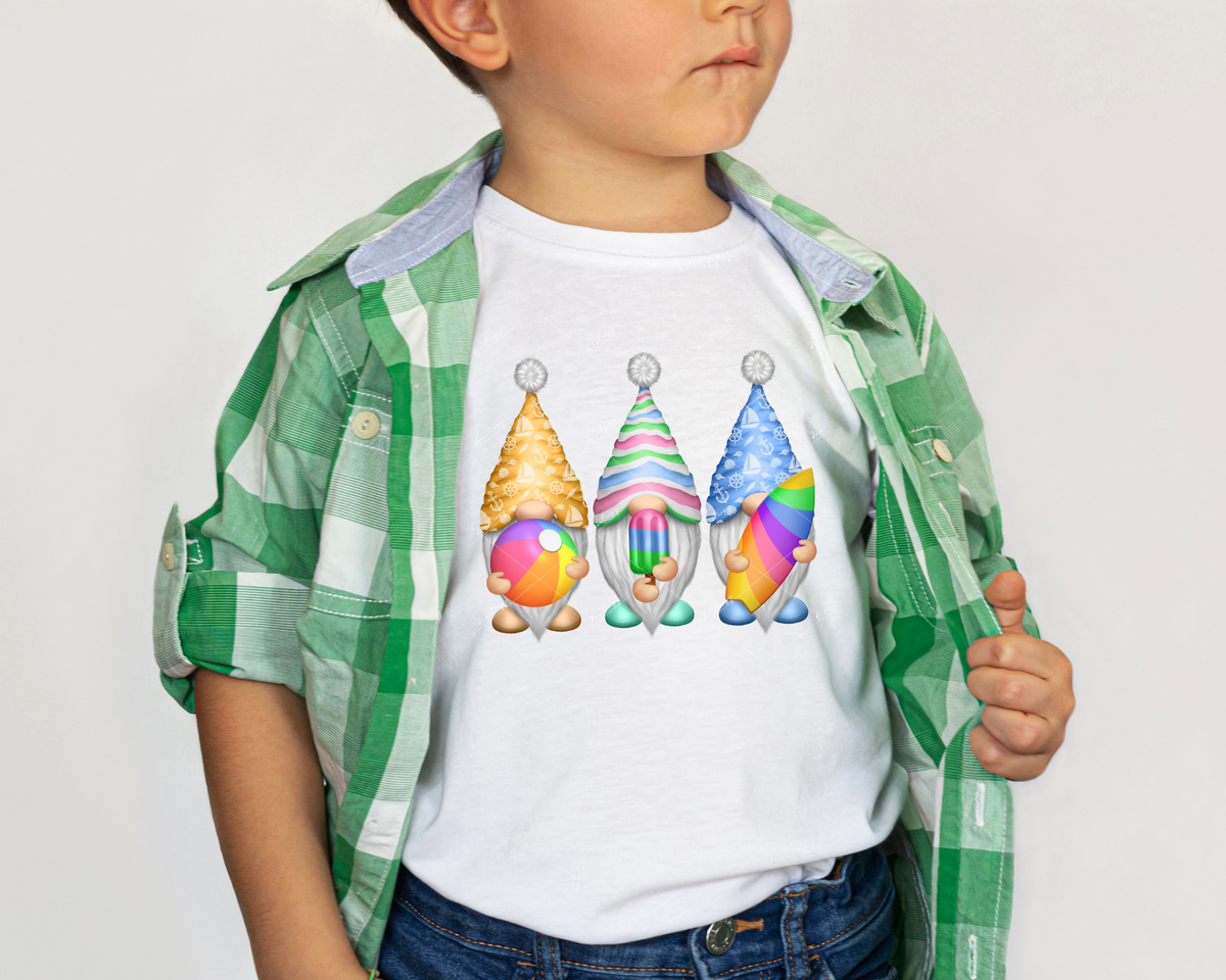 Summer Beach Gnome Trio, beach ball, popsicle, surfboard, bright rainbow colors 1337 DTF TRANSFER