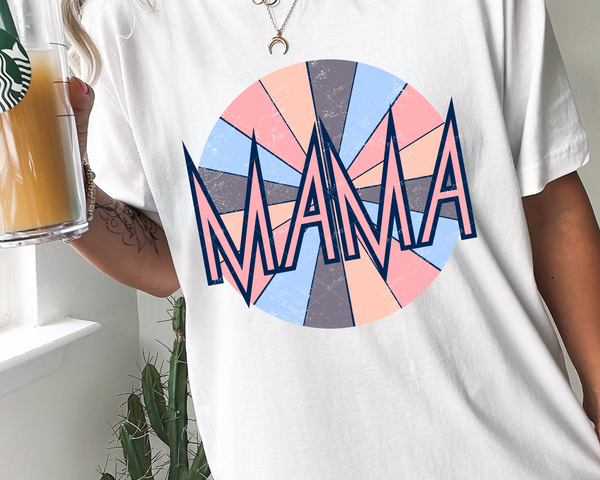 Mama (coral, light blue, gray, peach, rock band font) DTF TRANSFER
