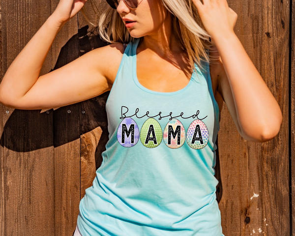 Blessed Mama (handwriting lettering with colored eggs with block distressed letters) 9028 DTF TRANSFER