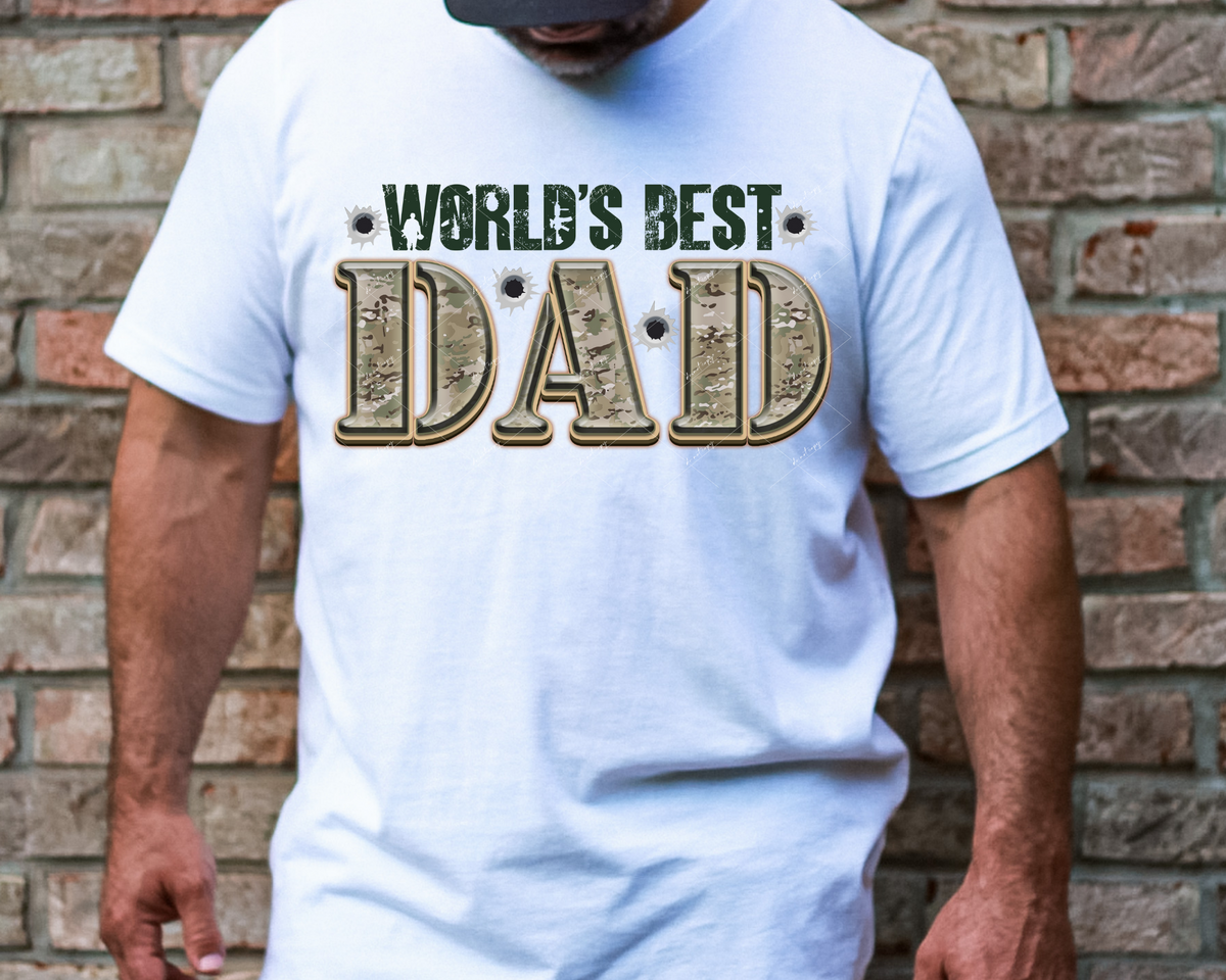 World's Best Dad (camo 3-dimensional lettering, bullet holes, military person and gun silhouette) 112724 DTF TRANSFER