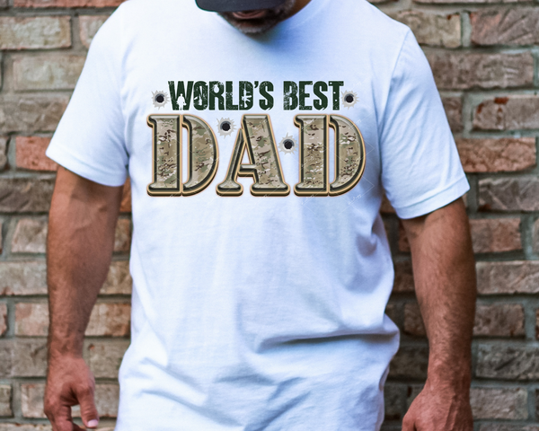 World's Best Dad (camo 3-dimensional lettering, bullet holes, military person and gun silhouette) DTF TRANSFER