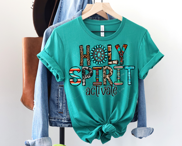 Holy Spirit Activate (lettering filled with leopard, cow, western, wood print, and turquoise pendant, black handwriting) 1531 DTF TRANSFER