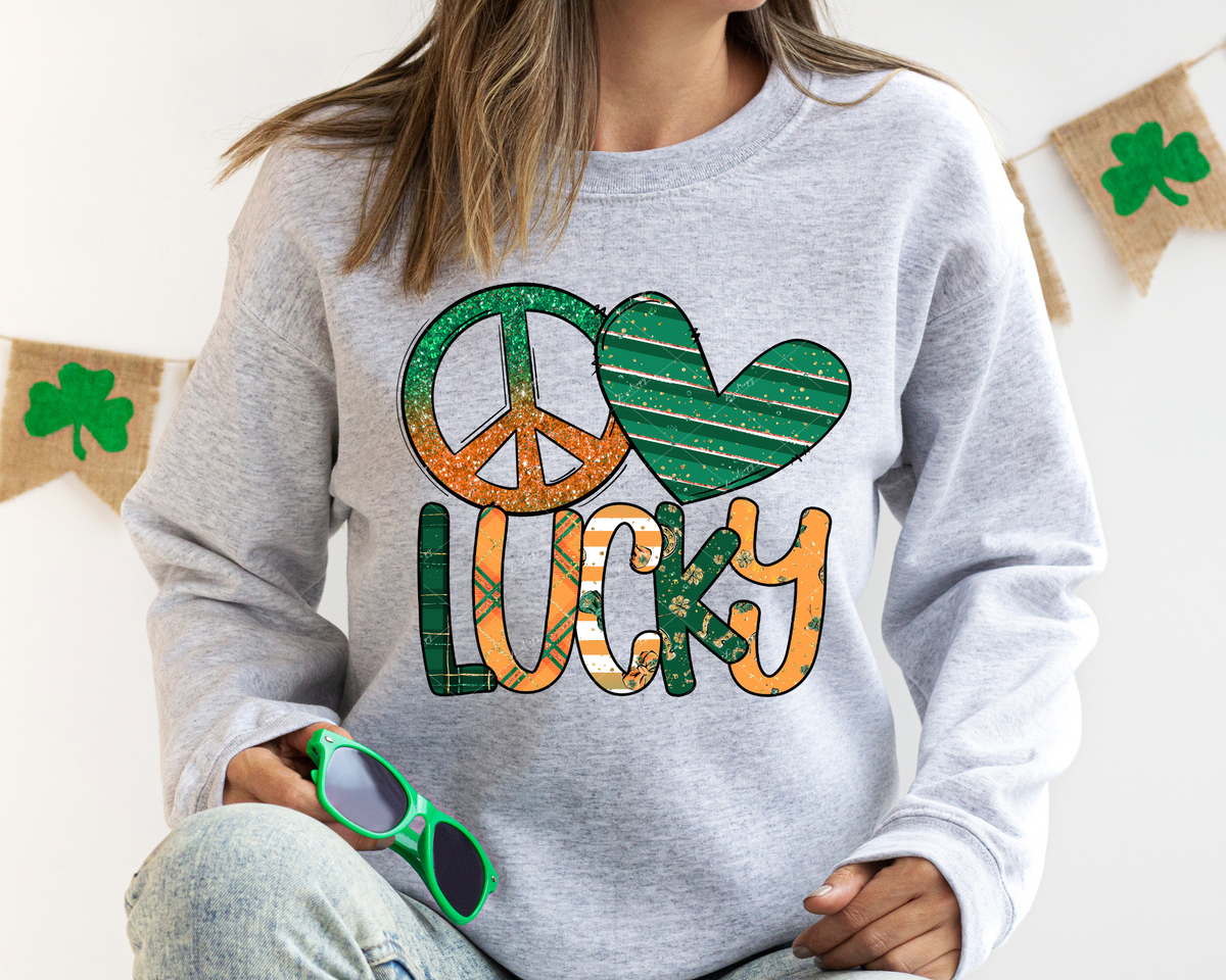 Peace love Lucky (green glitter and orange, peace sign, heart, bubble letters filled with designs) 1783 DTF TRANSFER