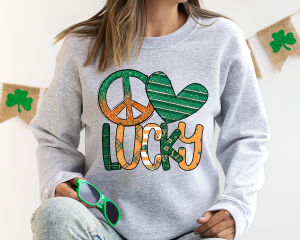 Peace love Lucky (green glitter and orange, peace sign, heart, bubble letters filled with designs) 1783 DTF TRANSFER