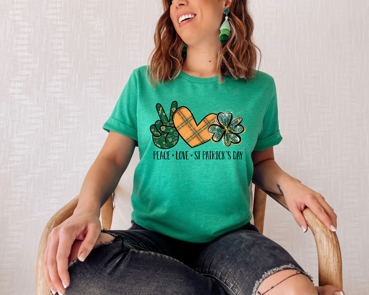 Peace, Love, St. Patrick's Day (black lettering, peace hand green with floral, heart orange plaid, four leaf clover green & gold glitter) 1784 DTF TRANSFER