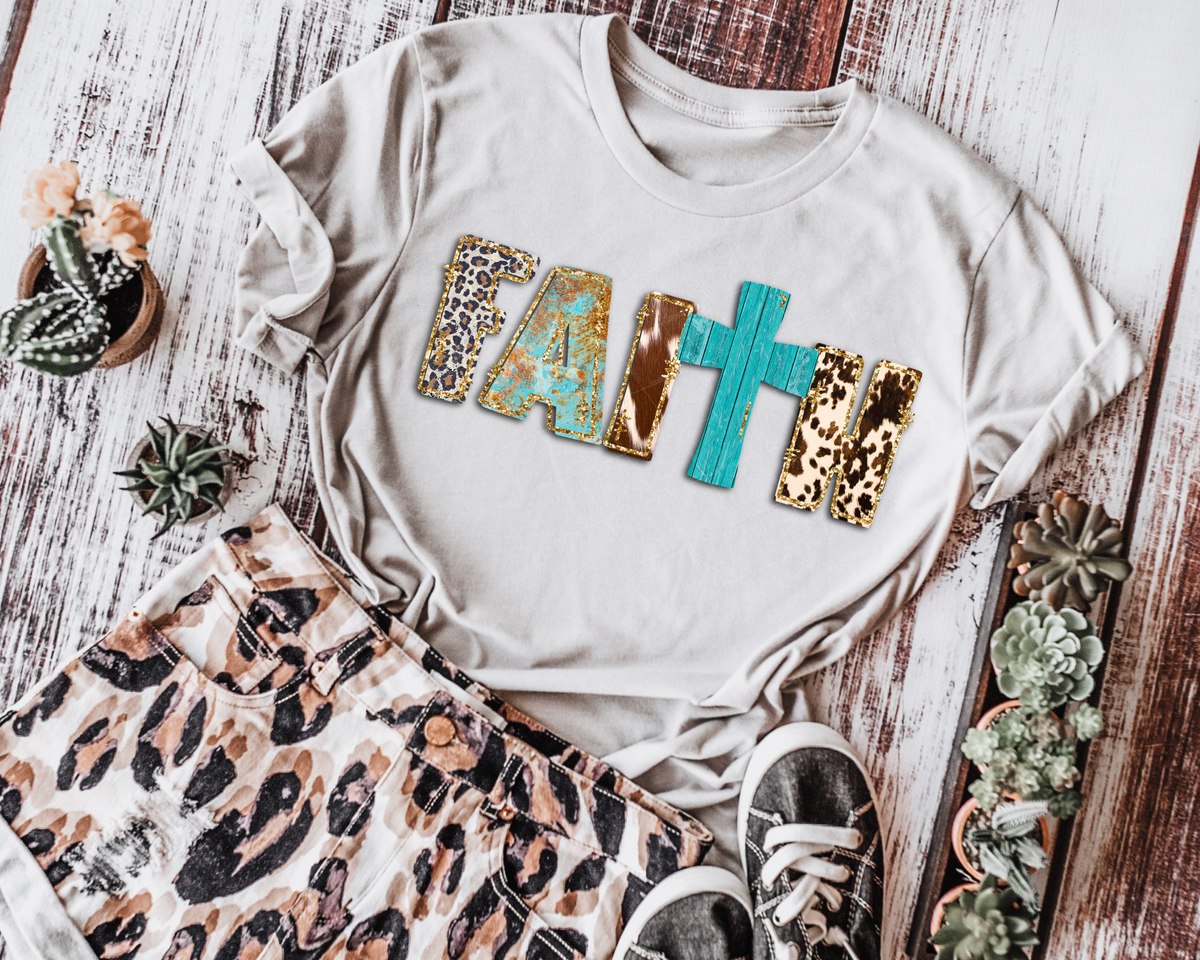 Faith Teal Cross Leopard Cowhide Gold Glitter 112708 DTF TRANSFER