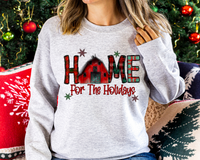 Home For The Holidays (red barn, letter fill holiday plaids, red handwriting, snowflakes) 1534 DTF TRANSFER