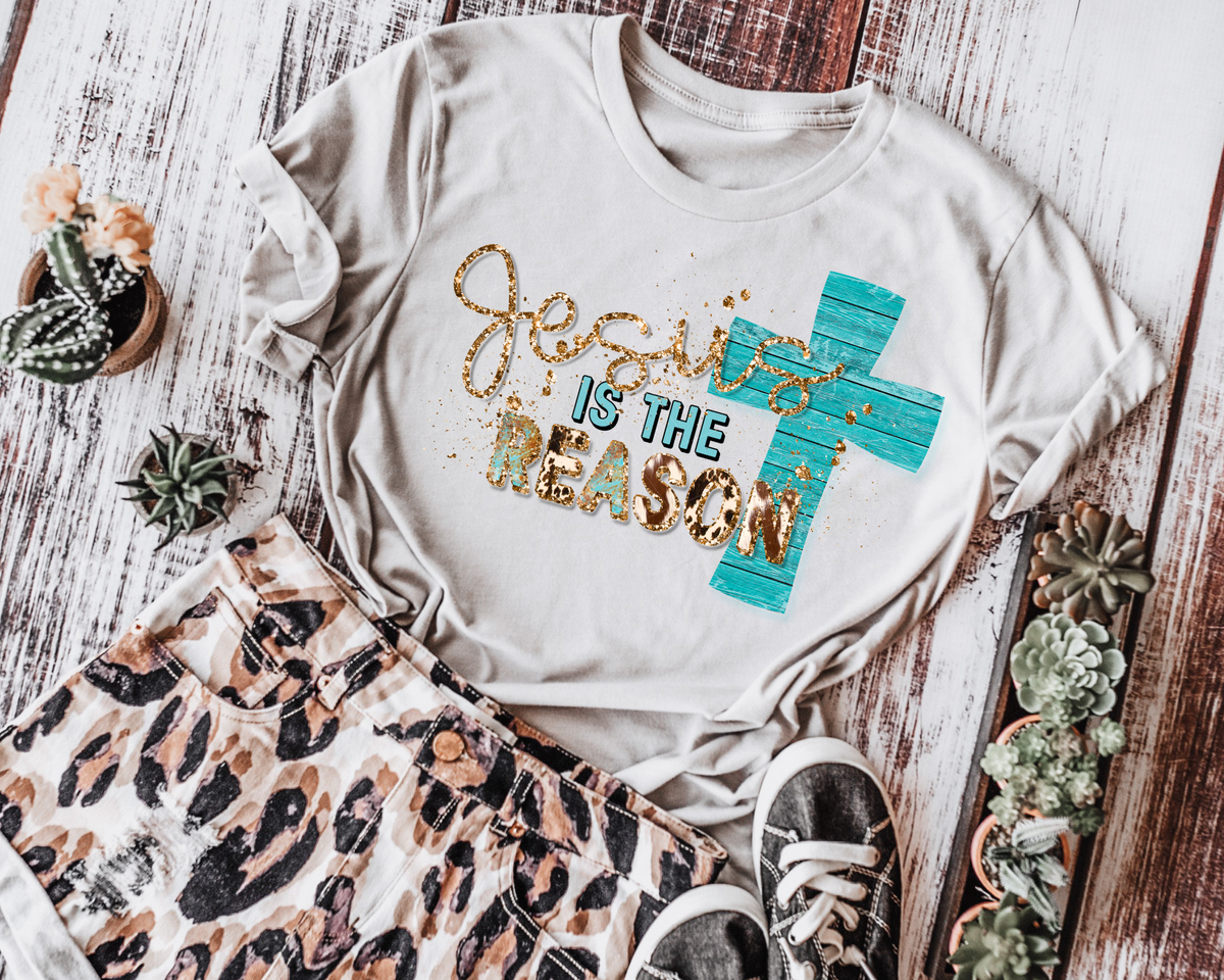 Jesus Is The Reason Teal Cross Leopard Cowhide Gold Glitter 112625 DTF TRANSFER