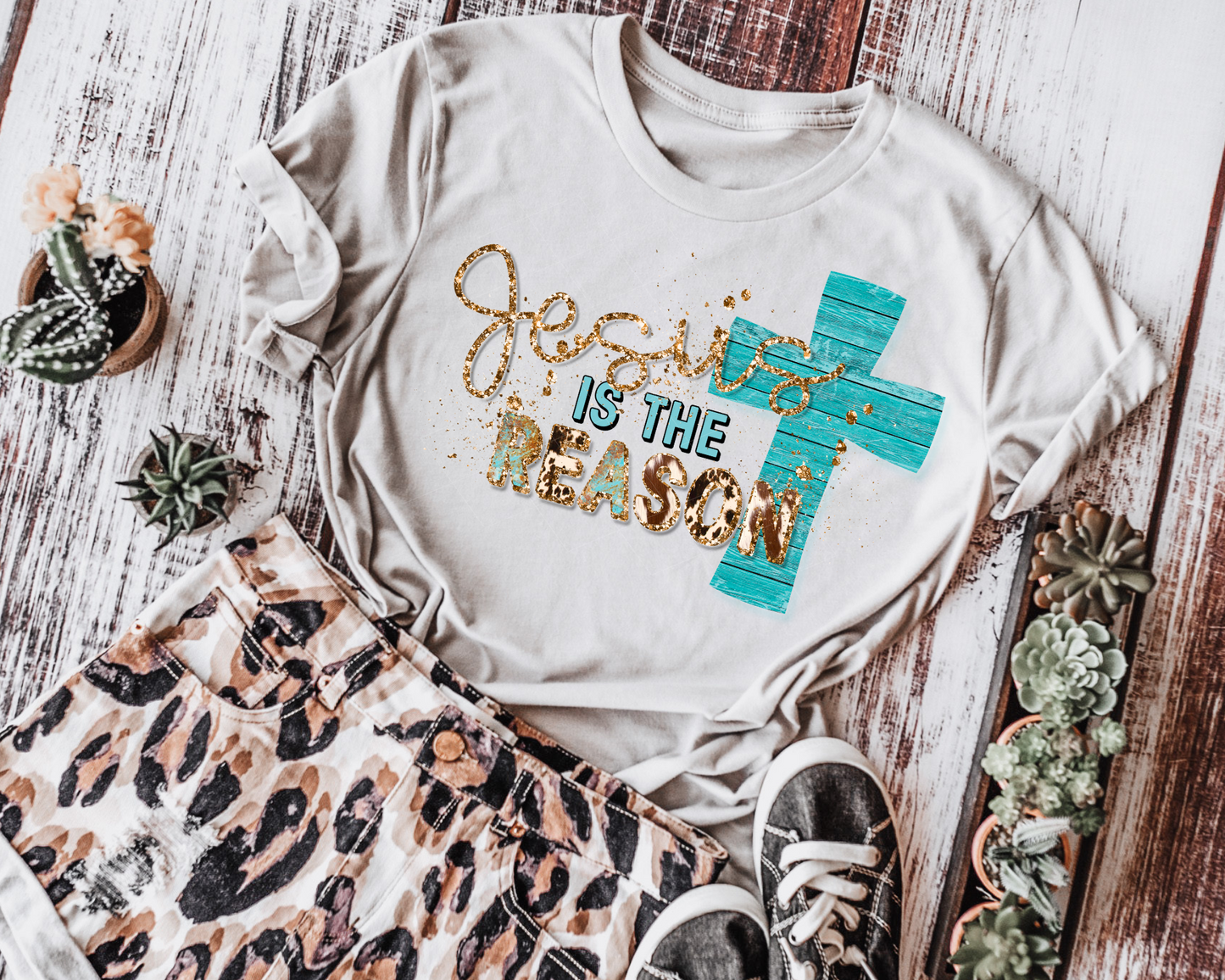 Jesus Is The Reason Teal Cross Leopard Cowhide Gold Glitter DTF TRANSFER