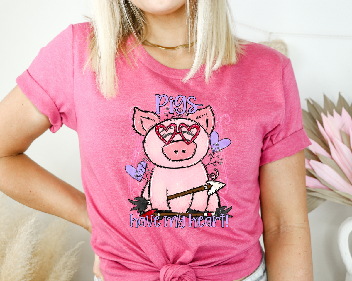 Pigs have my heart (cute pig with res heart glasses, purple hearts, arrows, purple lettering) 1786 DTF TRANSFER