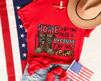 Home of the Free Because of the Brave (lettering filled with leopard, American flag and western stripe patterns, military boots) DTF TRANSFER