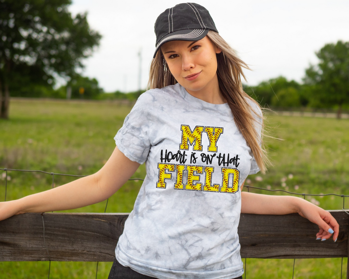 My Heart Is On That Field (block letters with softball fill, black handwriting distressed lettering) DTF TRANSFER