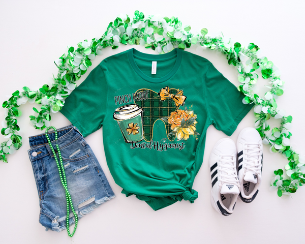 Pinch Proof Dental Hygienist (tooth filled with green & gold plaid, gold bow, coffee travel cup, gold 4 leaf clover and gold floral) 1787 DTF TRANSFER
