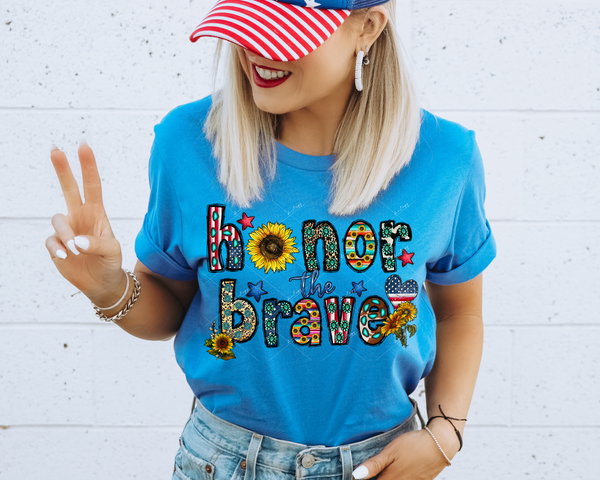 Honor the Brave (lettering filled with leopard, American flag and western stripe, cowhide patterns, sunflowers, heart) DTF TRANSFER