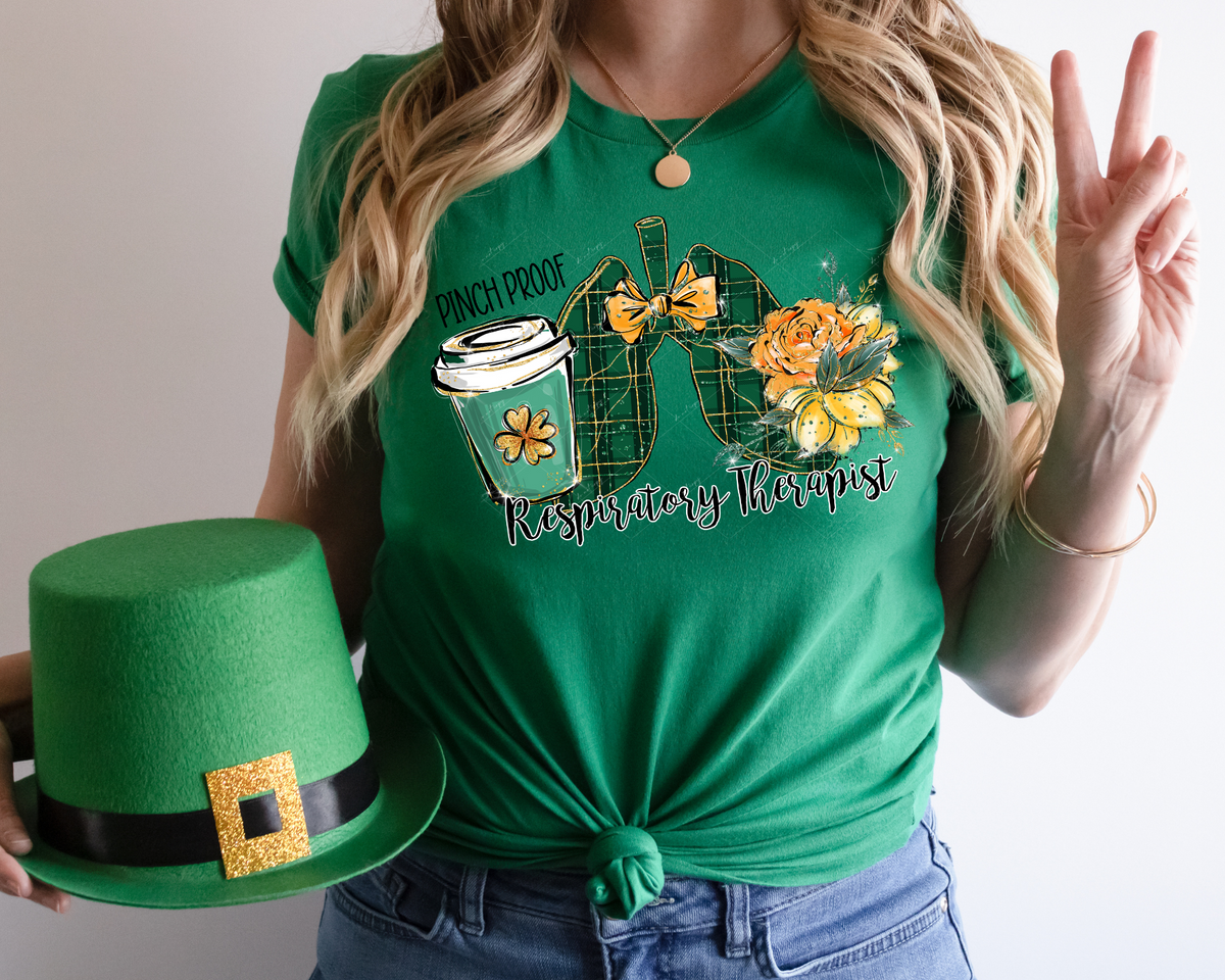 Pinch Proof Respiratory Therapist (lungs filled with green & gold plaid, gold bow, coffee travel cup, gold 4 leaf clover and gold floral) 1788 DTF TRANSFER