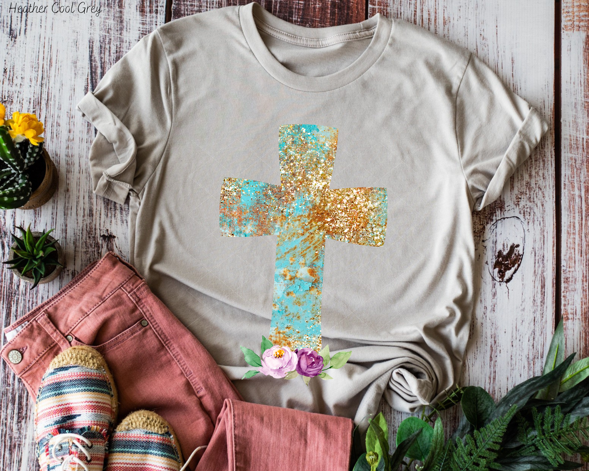 Teal Gold Glitter Cross Purple Flowers (No Font) 112426 DTF TRANSFER