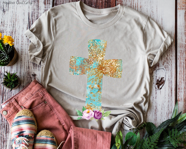 Teal Gold Glitter Cross Purple Flowers (No Font) DTF TRANSFER