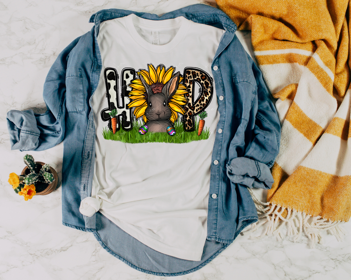 Hop (lettering filled with leopard, cowhide patterns, sunflowers, bunny, carrots with green grass) 1541 DTF TRANSFER